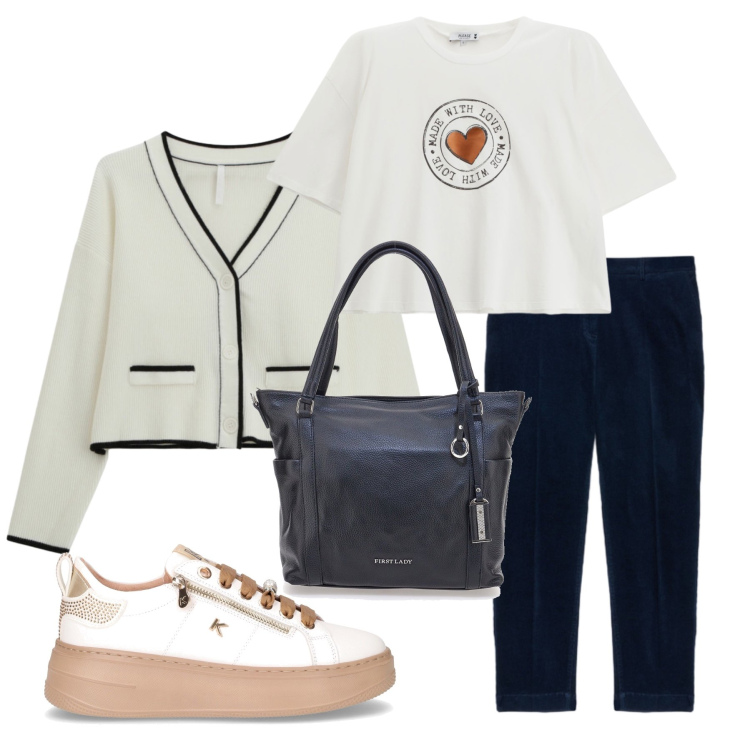 Outfit donna - Total look #2282073. Stile Casual per Tutti i giorni. Abbinamento con t-shirt, cardigans, shopping bag, pantaloni, sneakers.