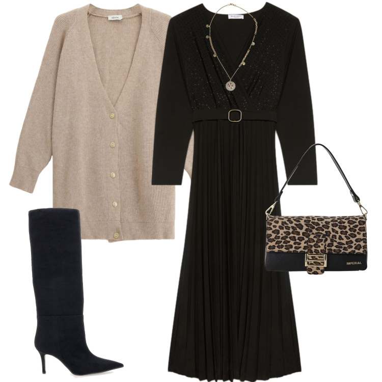 Outfit donna - Animalier. Stile Casual chic per Serata fuori. Abbinamento con borse a spalla, cardigans, ciondoli, vestiti lunghi, stivali.