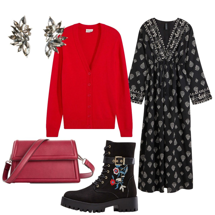 Outfit donna - Day to night. Stile Etnico per Serata fuori. Abbinamento con vestiti lunghi, stivali, cardigans, borse a tracolla, orecchini.