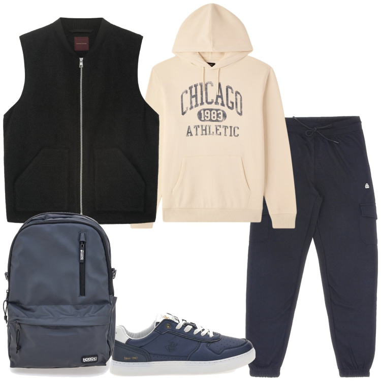 Outfit uomo - @school. Stile Casual per Tutti i giorni. Abbinamento con felpe con cappuccio, borse sportive, piumini, pantaloni cargo, sneakers.