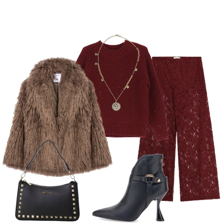 Outfit donna - Pantaloni a gamba larga in pizzo. Stile Glamour per Serata fuori. Abbinamento con ecopellicce, pochette, pantaloni a palazzo, maglieria, ciondoli, stivaletti.