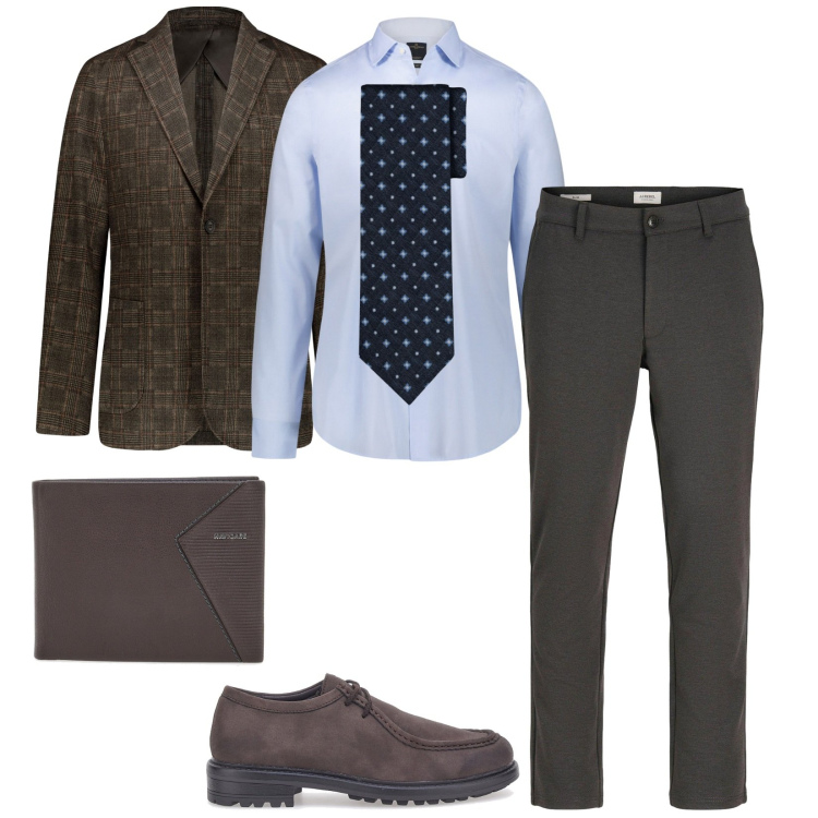 Outfit uomo - @work. Stile Business/Elegante per Ufficio. Abbinamento con pantaloni chino, giacche, scarpe stringate, camicie, portafogli, cravatte.