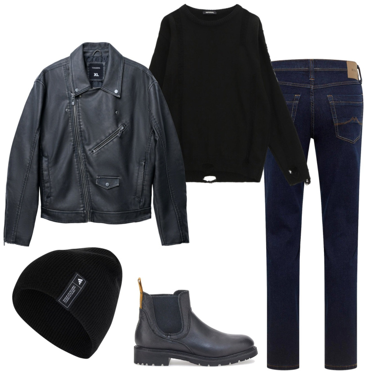 Outfit uomo - La sera al pub. Stile Casual per Serata speciale. Abbinamento con jeans dritti, giacche, maglieria, stivali e stivaletti, berretti.