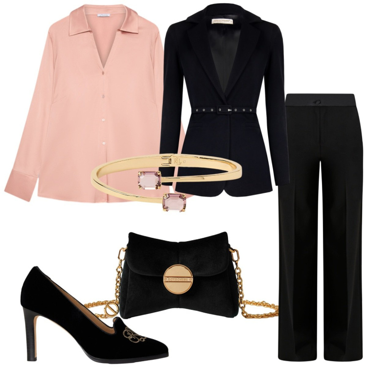 Outfit donna - I pantaloni a gamba larga. Stile Bon Ton per Serata fuori. Abbinamento con pantaloni a palazzo, blazer, borse a tracolla, décolleté, braccialetti, camicie.