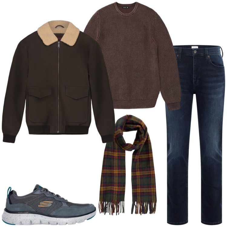 Outfit uomo - Autumn vibes. Stile Casual per Tutti i giorni. Abbinamento con jeans slim fit, maglieria, sneakers, sciarpe, bomber.