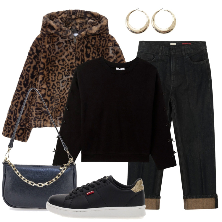 Outfit donna - Ecopelliccia animalier. Stile Casual chic per Tutti i giorni. Abbinamento con ecopellicce, felpe, orecchini, jeans dritti, sneakers, borse a tracolla.