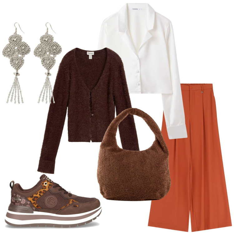 Outfit donna - I pantaloni a gamba larga. Stile Casual chic per Tutti i giorni. Abbinamento con shopping bag, cardigans, camicie, pantaloni a palazzo, orecchini, sneakers.