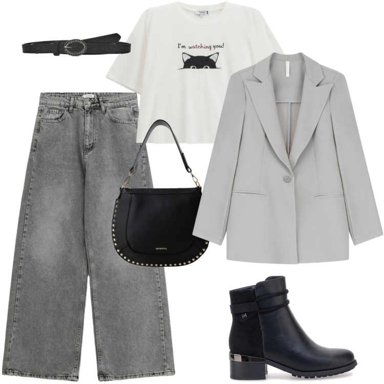 Outfit donna - Style 5. Stile Casual per Ufficio. Abbinamento con jeans, t-shirt, cinture, blazer, borse a spalla, stivaletti.