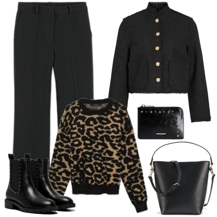 Outfit mujer - Estampado animal. Estilo Casual para Todos los días. Combinación con prendas de punto, blazers, pantalones, botines chelsea, bolsos saco, monederos.