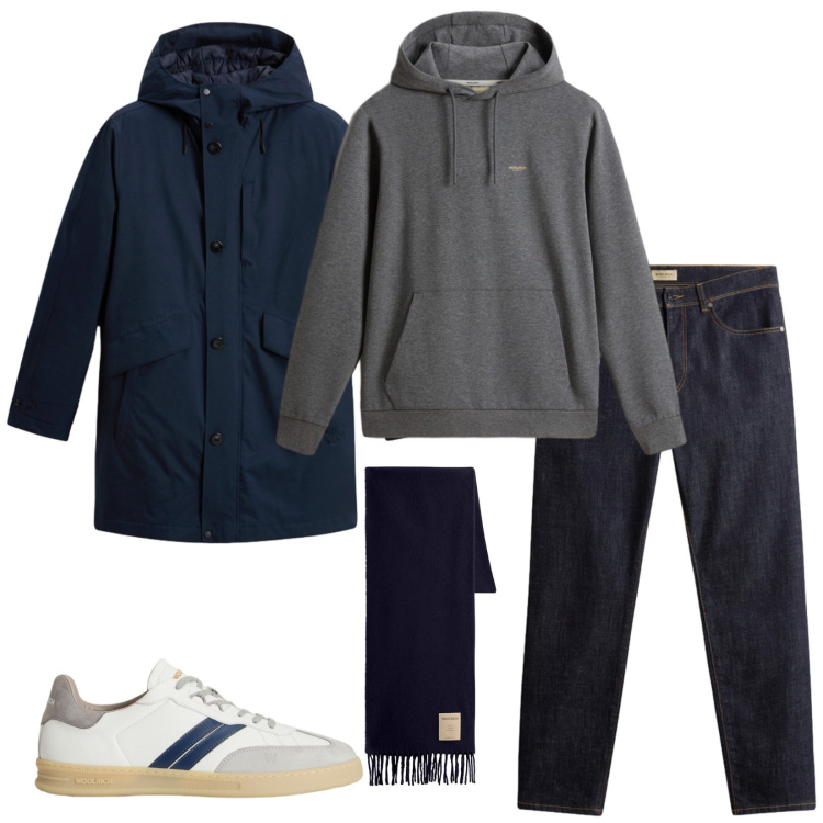 Outfit uomo - Total Woolrich. Stile Casual per Tutti i giorni. Abbinamento con pantaloni, felpe con cappuccio, sneakers, sciarpe, cappotti.