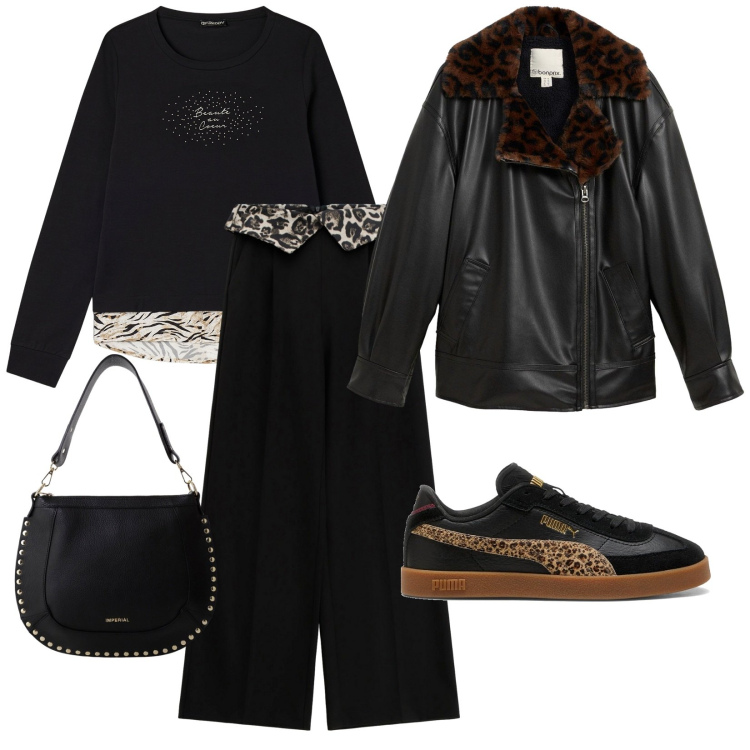 Outfit donna - Animalier. per Tutti i giorni. Abbinamento con bomber, pantaloni a palazzo, borse a spalla, felpe, sneakers.
