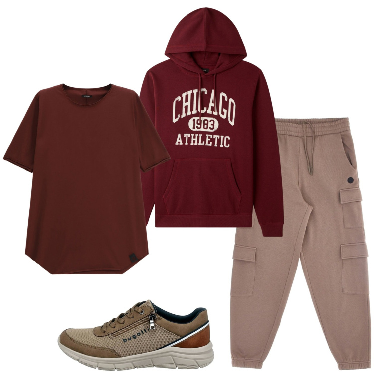 Outfit uomo - Total look #2282123. Stile Casual per Sport. Abbinamento con felpe con cappuccio, t-shirt, sneakers, pantaloni cargo.