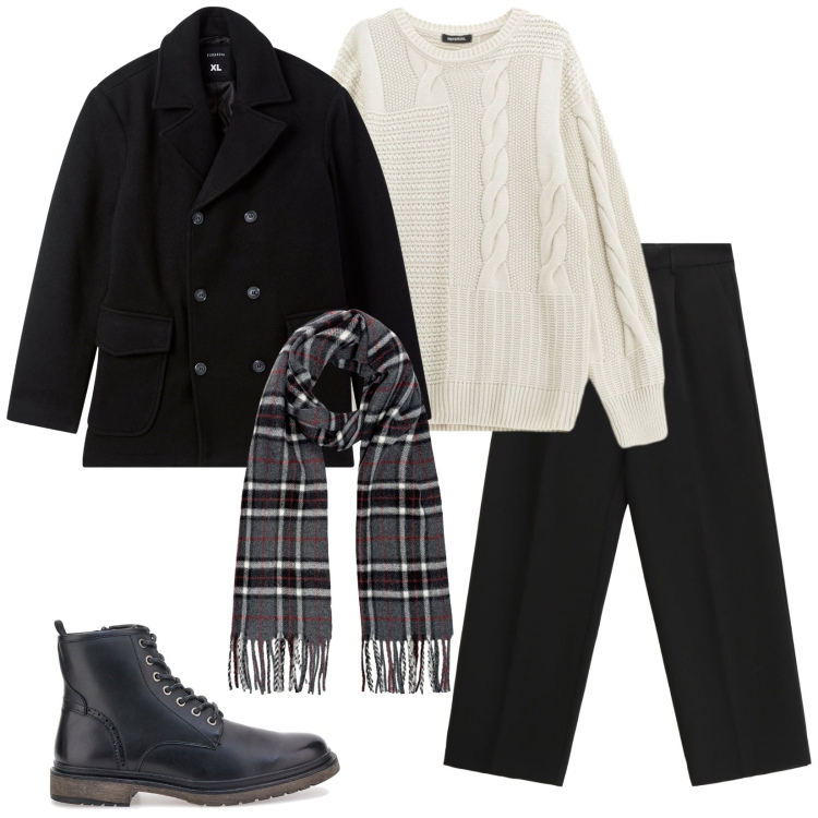 Outfit uomo - Per una cena speciale. Stile Trendy per Serata speciale. Abbinamento con caban, pantaloni, maglieria, sciarpe, anfibi.