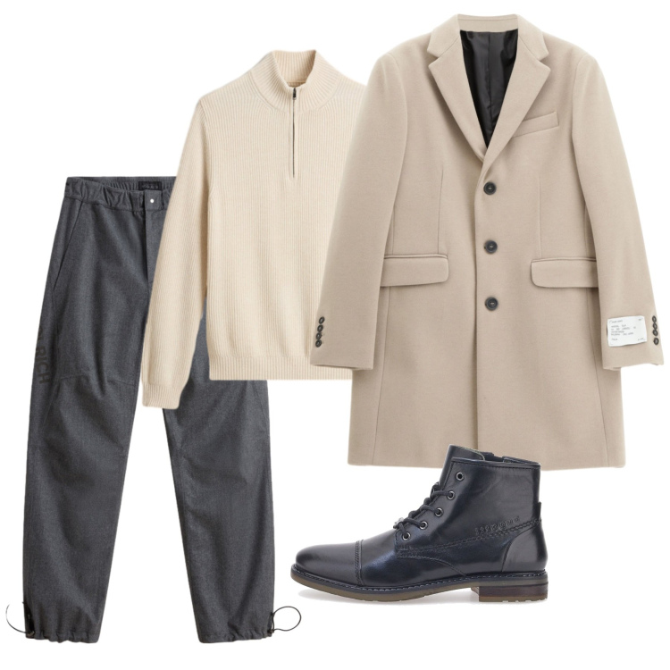 Outfit uomo - Avorio e grigio. Stile Casual per Tutti i giorni. Abbinamento con cappotti, pantaloni, maglieria, stivali e stivaletti.