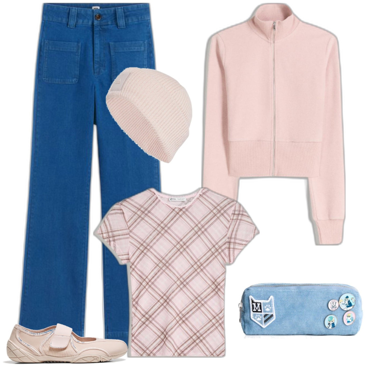 Outfit mujer - De sport chic. Estilo Sporty chic para Escuela/Universidad. Combinación con bailarinas, sudaderas, camiseta, maletas, gorros, vaqueros bootcut.