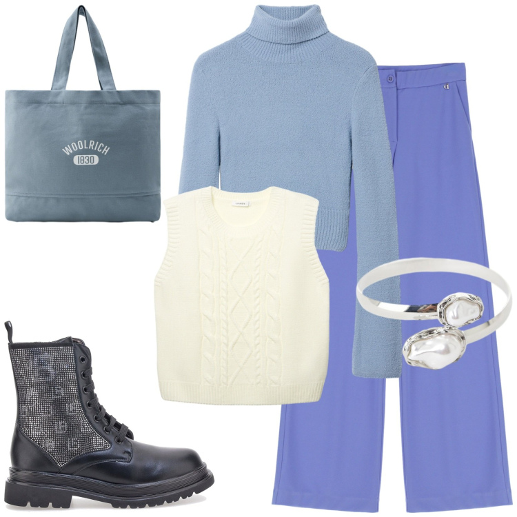 Outfit donna - City. Stile Casual chic per Tutti i giorni. Abbinamento con maglieria, maglieria, braccialetti, pantaloni, borse tote, anfibi.