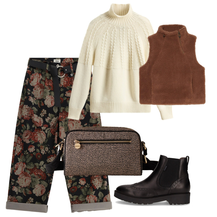 Outfit donna - Novembre. Stile Bon Ton per Tutti i giorni. Abbinamento con borse a tracolla, pantaloni a palazzo, maglieria, gilet, stivaletti chelsea.
