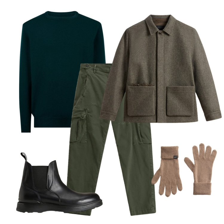 Outfit uomo - Guanti e tronchetti. Stile Casual per Tutti i giorni. Abbinamento con pantaloni cargo, guanti, stivali e stivaletti, cappotti, maglieria.
