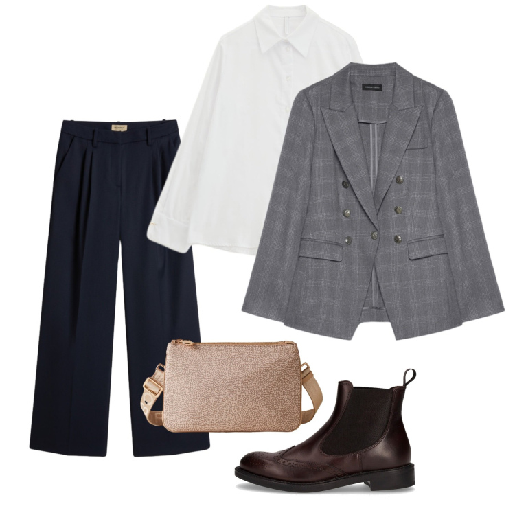 Outfit donna - Spezzato. Stile Bon Ton per Ufficio. Abbinamento con camicie, borse a tracolla, pantaloni, blazer, stivaletti chelsea.