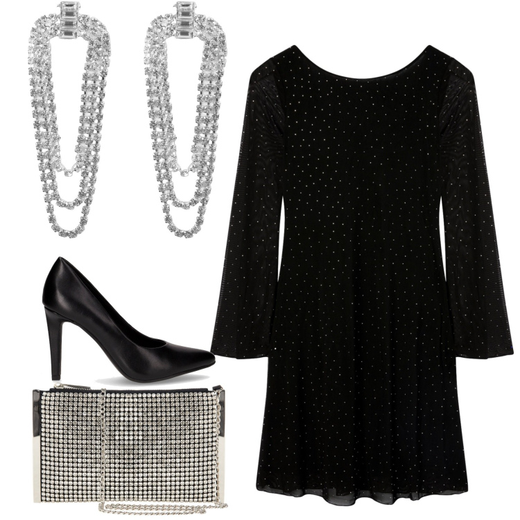 Outfit donna - Brillante come una stella. Stile Glamour per Serata fuori. Abbinamento con pochette, vestiti corti, orecchini, décolleté.