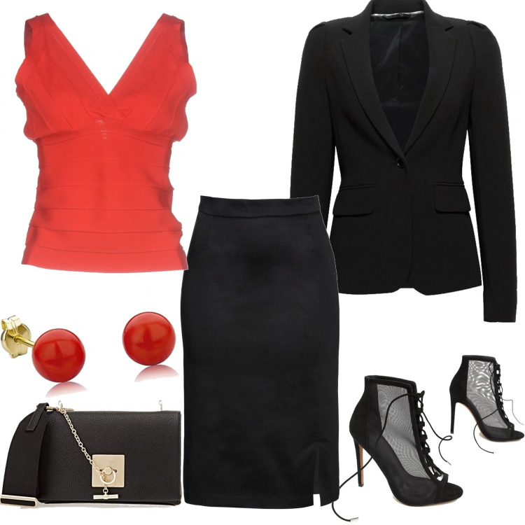 Outfit donna - Lo seduci con un tailleur. Stile Chic per Serata fuori. Abbinamento con top lavorato a maglia scollatura profonda con zip tinta unita, gonna con spacco scollo profondo stretto aderente nero, scarpe a rete con tacco alto collo aperto con lacci in denim, borsa a tracolla nero, blazer nero, orecchini in oro giallo multicolore.