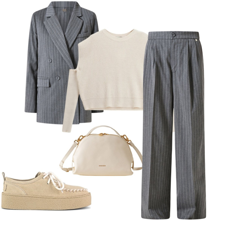 Outfit donna - Mannish rivisitato. Stile Mannish per Ufficio. Abbinamento con pantaloni, blazer, borse a mano, maglieria, mocassini.