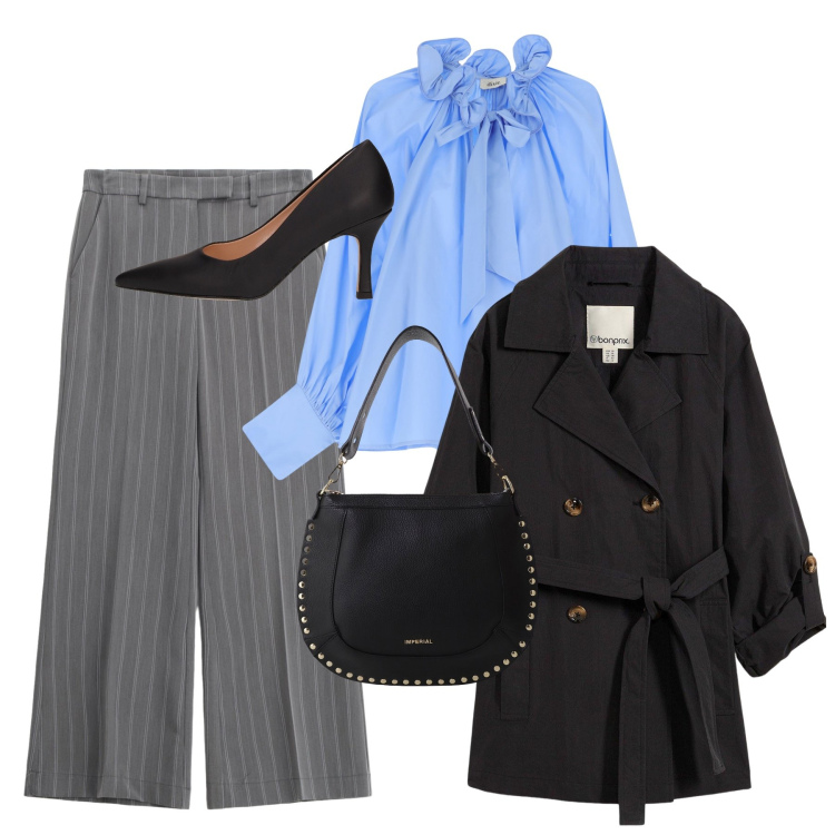 Outfit donna - Un tocco di morbido celeste. Stile Bon Ton per Ufficio. Abbinamento con trench, pantaloni a palazzo, borse a spalla, camicie, décolleté.