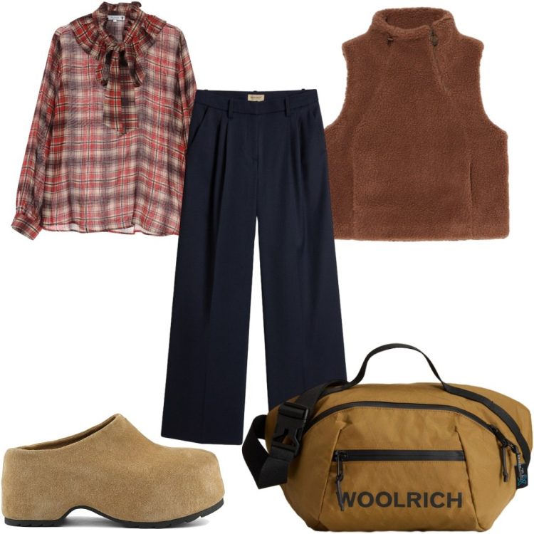 Outfit donna - Total look #2282170. Stile Trendy per Tutti i giorni. Abbinamento con bluse, borse a tracolla, pantaloni, gilet, zoccoli.