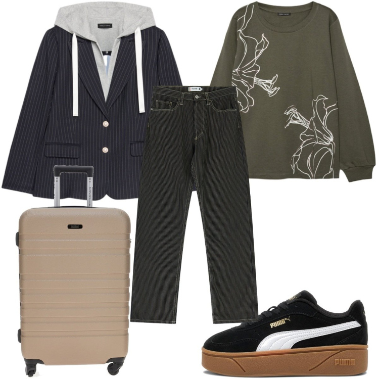 Outfit donna - Total look #2282171. Stile Casual per Tutti i giorni. Abbinamento con pantaloni, blazer, felpe, sneakers, valigie.