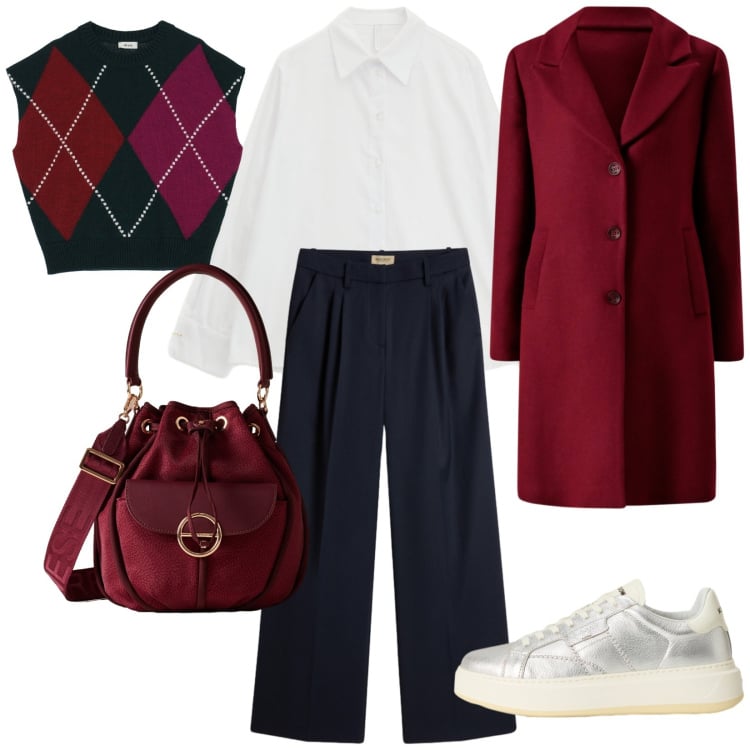 Outfit donna - Chic e comoda. Stile Chic per Tutti i giorni. Abbinamento con cappotti, camicie, borse a secchiello, gilet, pantaloni, sneakers.