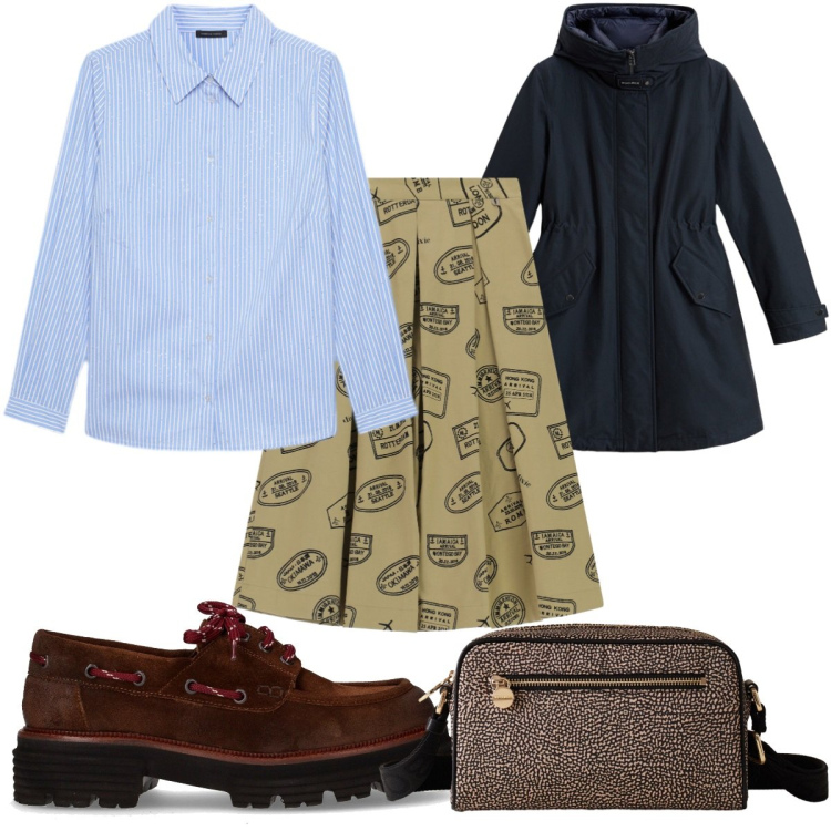 Outfit donna - Total look #2282173. Stile Trendy per Tutti i giorni. Abbinamento con borse a tracolla, gonne longuette, parka, camicie, mocassini.