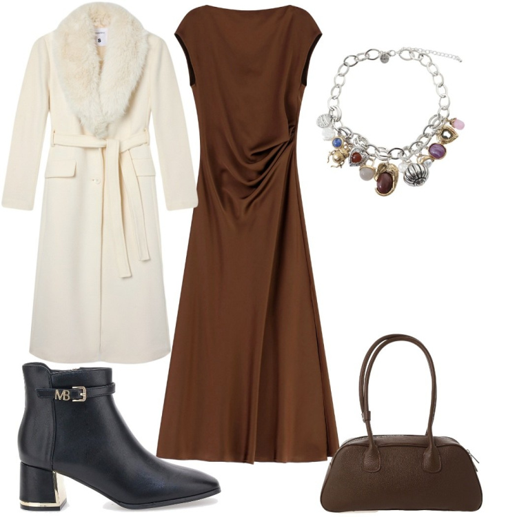 Outfit donna - Total look #2282176. Stile Glamour per Tutti i giorni. Abbinamento con cappotti, vestiti lunghi, braccialetti con ciondoli, borse a mano, stivaletti.