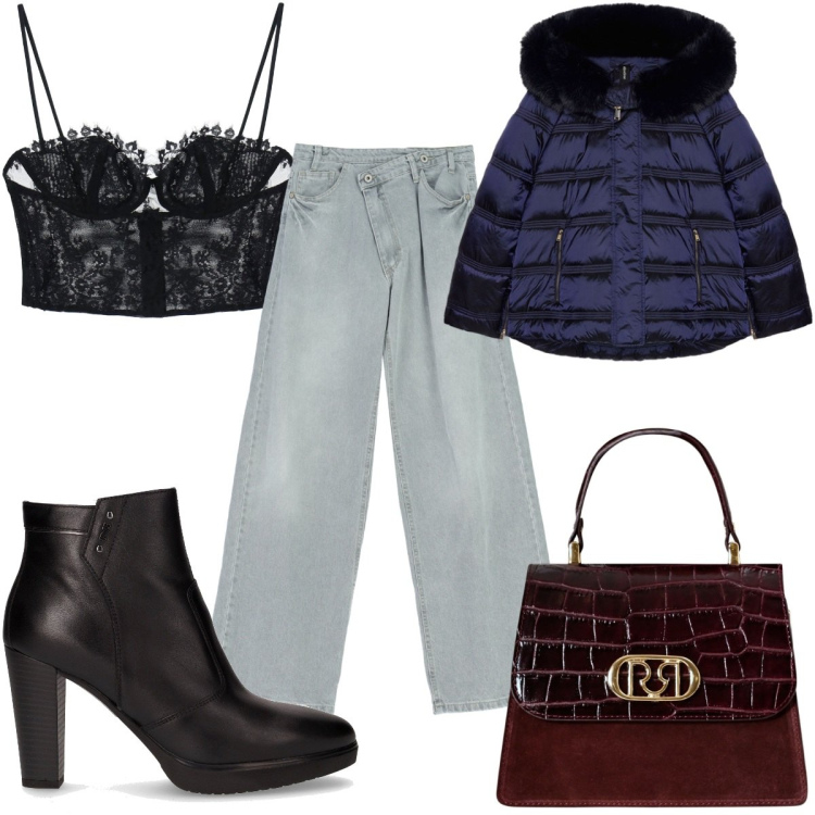 Outfit donna - Total look #2282179. Stile Glamour per Tutti i giorni. Abbinamento con borse a mano, pantaloni, top, stivaletti, piumini.