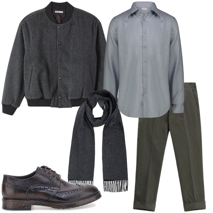 Outfit uomo - L’eleganza del grigio. Stile Business/Elegante per Serata speciale. Abbinamento con bomber, pantaloni chino, camicie, sciarpe, scarpe stringate.