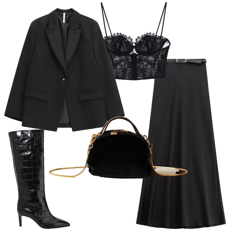 Outfit donna - Serata. Stile Trendy per Serata fuori. Abbinamento con gonne lunghe, blazer, top, borse a mano, stivali.