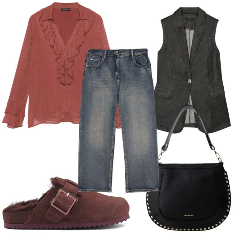 Outfit donna - Total look #2282189. Stile Trendy per Tutti i giorni. Abbinamento con borse a spalla, bluse, jeans, sabot, gilet.