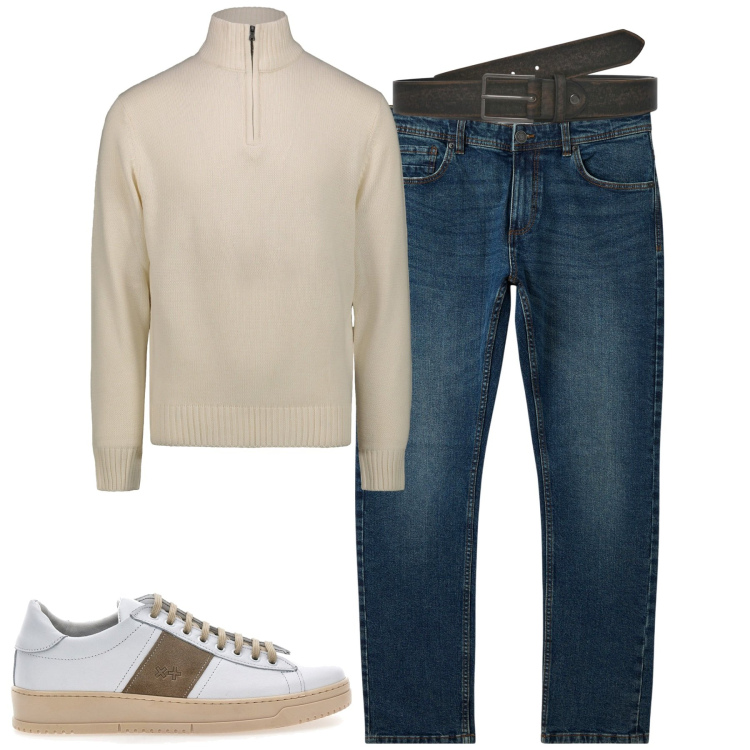 Outfit uomo - City. Stile Casual per Tutti i giorni. Abbinamento con jeans, cinture, sneakers, maglieria.