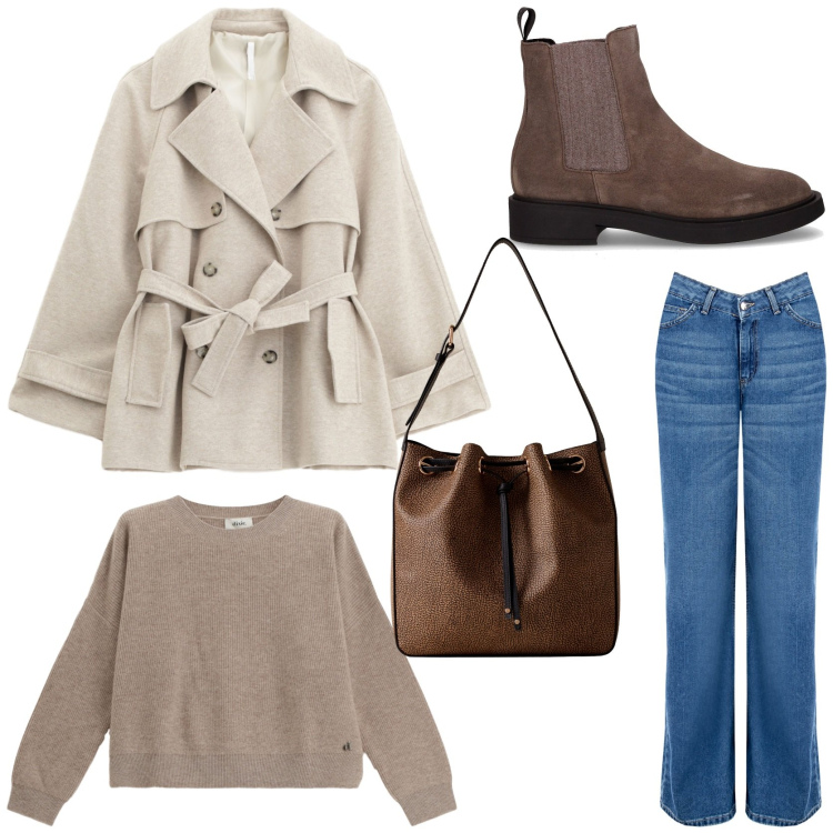 Outfit donna - A novembre trench e biker. Stile Urban per Tutti i giorni. Abbinamento con jeans, trench, borse a secchiello, maglieria, stivaletti chelsea.