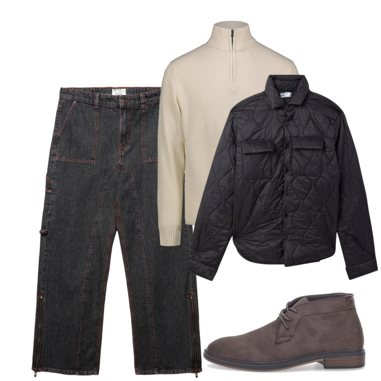 Outfit uomo - Pomeriggio. Stile Casual per Tutti i giorni. Abbinamento con jeans dritti, giacche, scarpe stringate, maglieria.