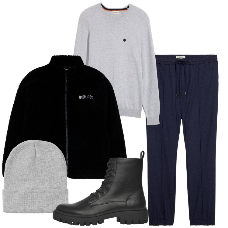 Outfit uomo - Street. Stile Casual per Tutti i giorni. Abbinamento con pantaloni, maglieria, giacche, anfibi, berretti.