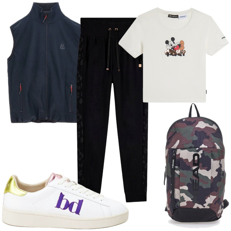 Outfit donna - Total look #2282197. Stile Military per Sport. Abbinamento con pantaloni, t-shirt, sneakers, zaini, gilet.