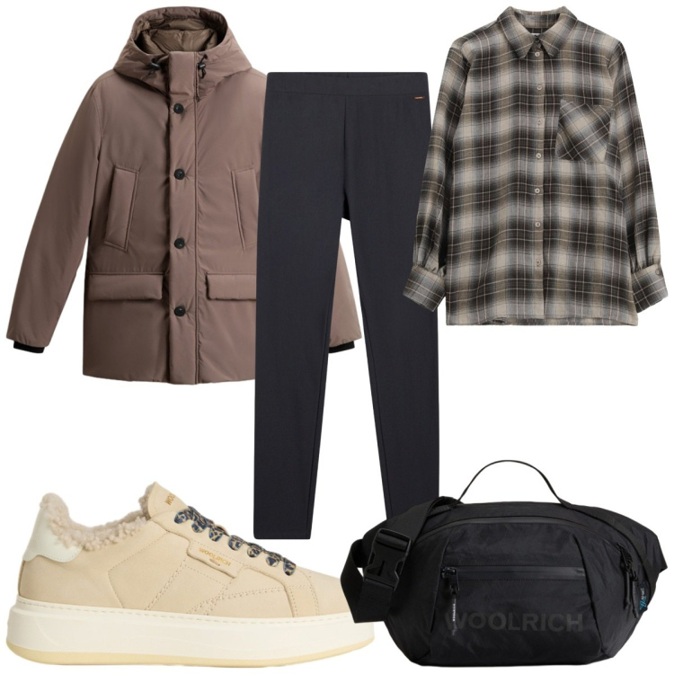 Outfit donna - Total look #2282203. Stile Casual per Tutti i giorni. Abbinamento con leggings, camicie, borse a tracolla, sneakers, parka.