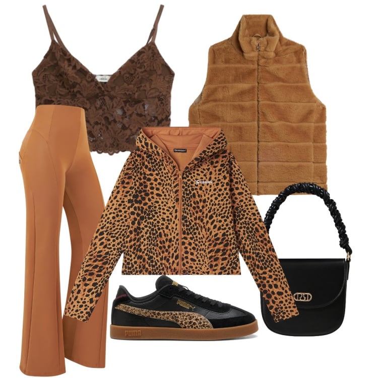 Outfit donna - Sporty chic animalier. Stile Sporty chic per Tutti i giorni. Abbinamento con borse a mano, felpe con cappuccio, pantaloni, gilet, top, sneakers.