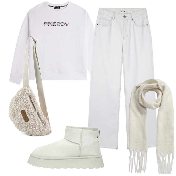 Outfit donna - White Saturday. Stile Basic per Tutti i giorni. Abbinamento con jeans, sciarpe, stivaletti, felpe con cappuccio, marsupi.