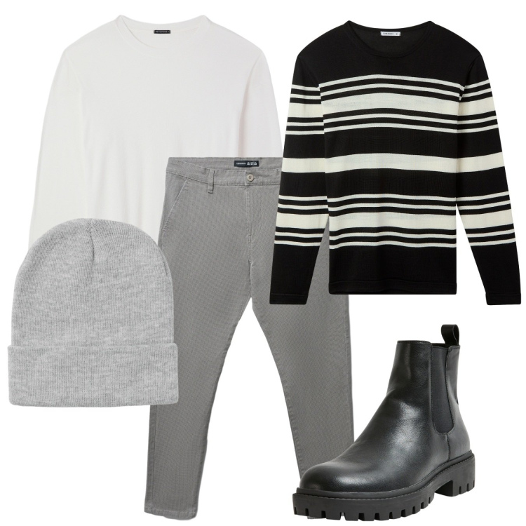 Outfit uomo - Grey. Stile Casual per Tutti i giorni. Abbinamento con stivali e stivaletti, maglieria, berretti, pantaloni chino, maglieria.
