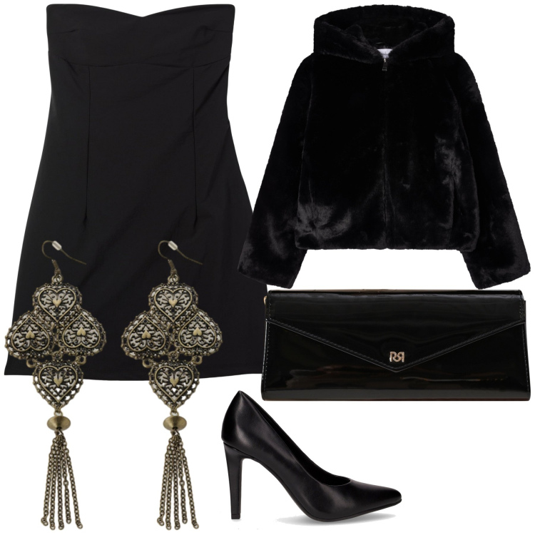 Outfit donna - Black and wow Saturday. Stile Glamour per Serata fuori. Abbinamento con ecopellicce, vestiti, pochette, orecchini, décolleté.