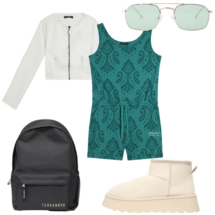 Outfit donna - Total look #2282214. Stile Trendy per Tutti i giorni. Abbinamento con zaini, stivaletti, occhiali da sole, tuta corta, giacche.