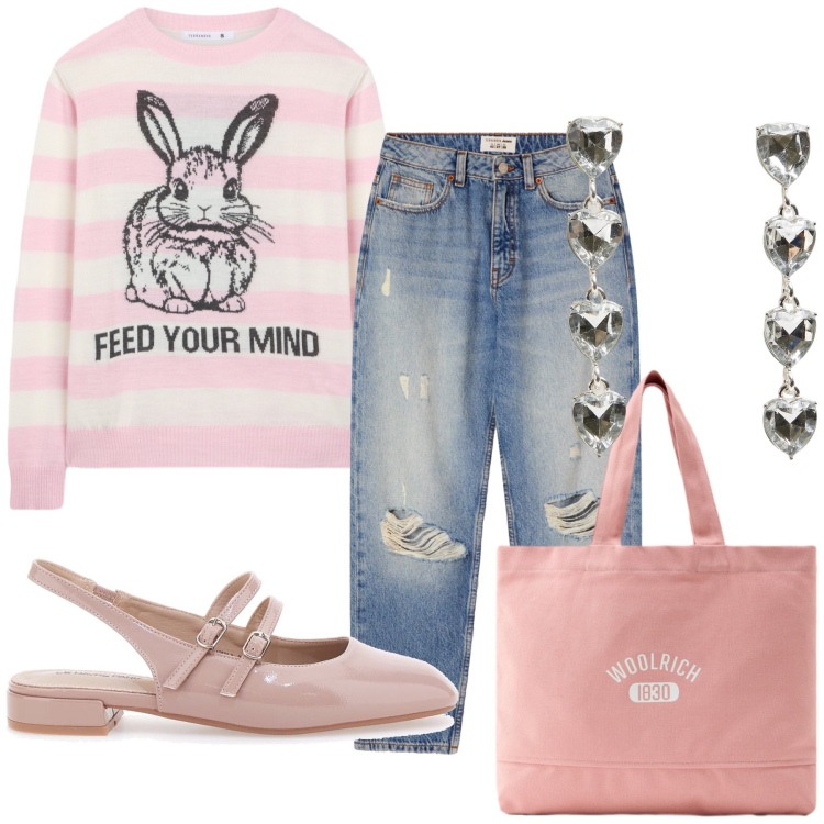 Outfit donna - Coccoloso sabato. Stile Casual chic per Tutti i giorni. Abbinamento con maglieria, orecchini, jeans mom, borse tote, ballerine.