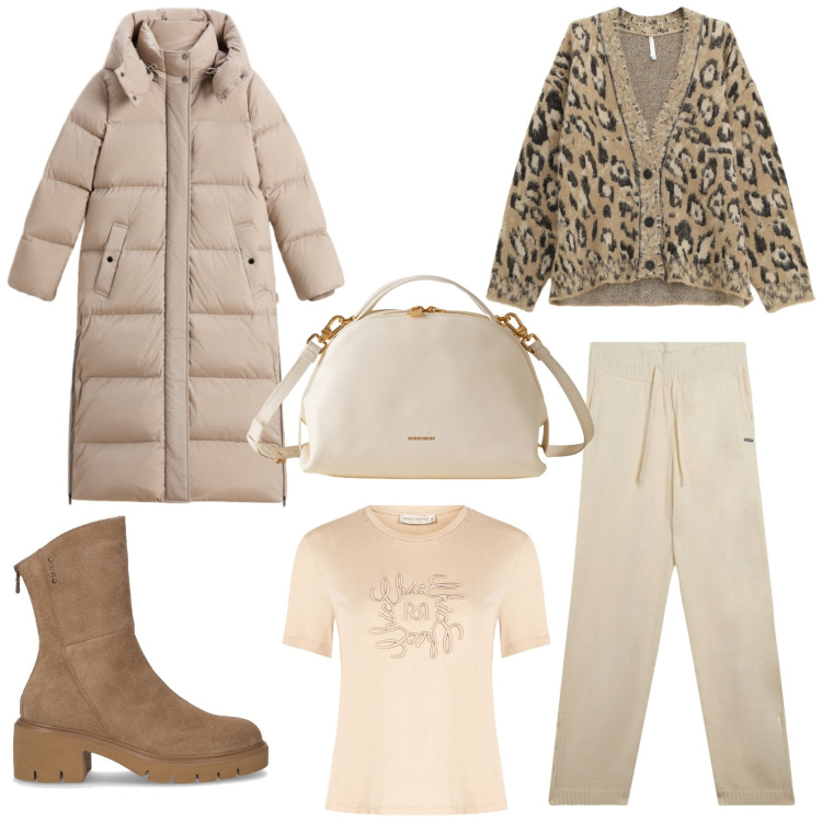 Outfit donna - Colori neutri e un tocco di animalier. Stile Sporty chic per Tutti i giorni. Abbinamento con t-shirt, cardigans, borse a mano, pantaloni, parka, stivaletti.