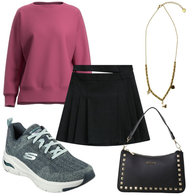 Outfit donna - Total look #2282217. Stile Sporty chic per Tutti i giorni. Abbinamento con pochette, minigonne, ciondoli, sneakers, felpe.